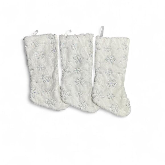 White Faux Fur Christmas Stockings Set of 3 – Snowflake Embroidery, Winter Decor - Picture 3 of 7